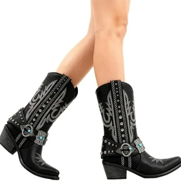 Women's Black Ankle High Embroidery Pointed Toe Cowgirl Boots Rodeo Country - Picture 2 of 4